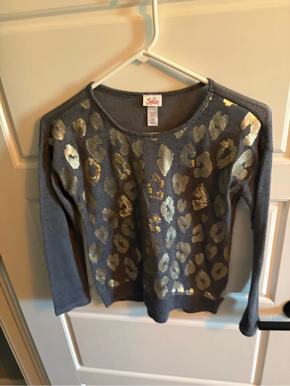 Justice Gray Long Sleeve Top with Gold Leopard Sequin Print
